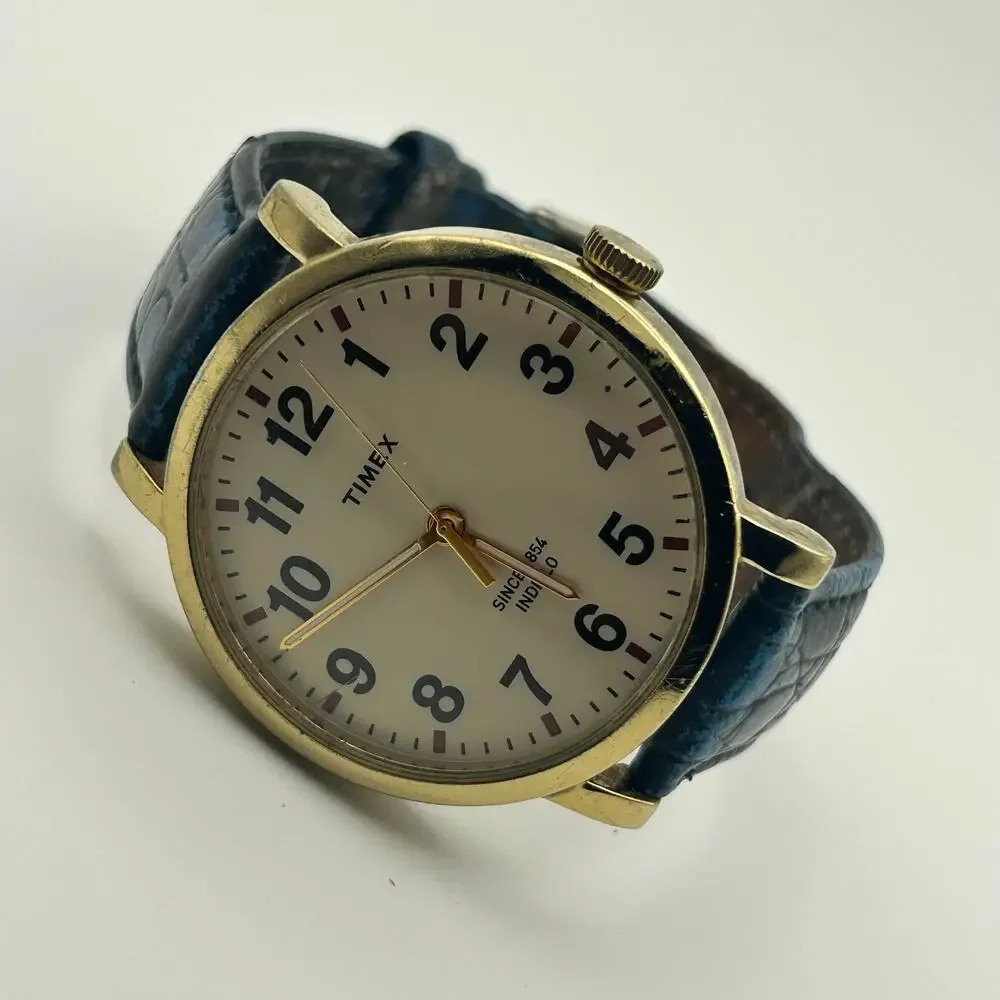 Timex Men's Gold Case Watch with Blue Leather Strap and White Dial